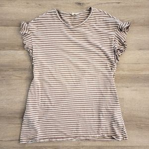 Tan and white striped mini dress ruffled short sleeves with pockets size medium